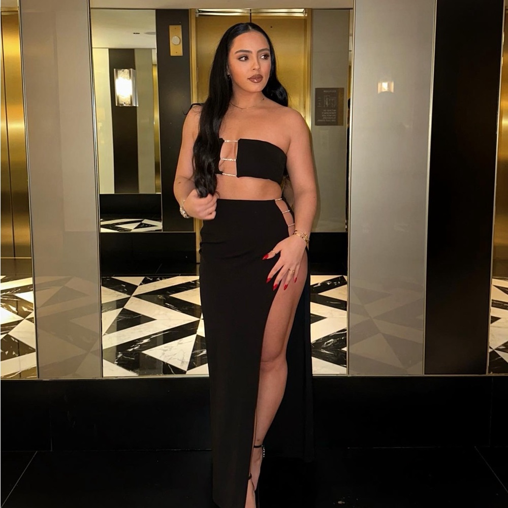 Black Meshki Anastasia Diamante Rope Bandeau and Maxi Skirt, 2 piece set; Size M